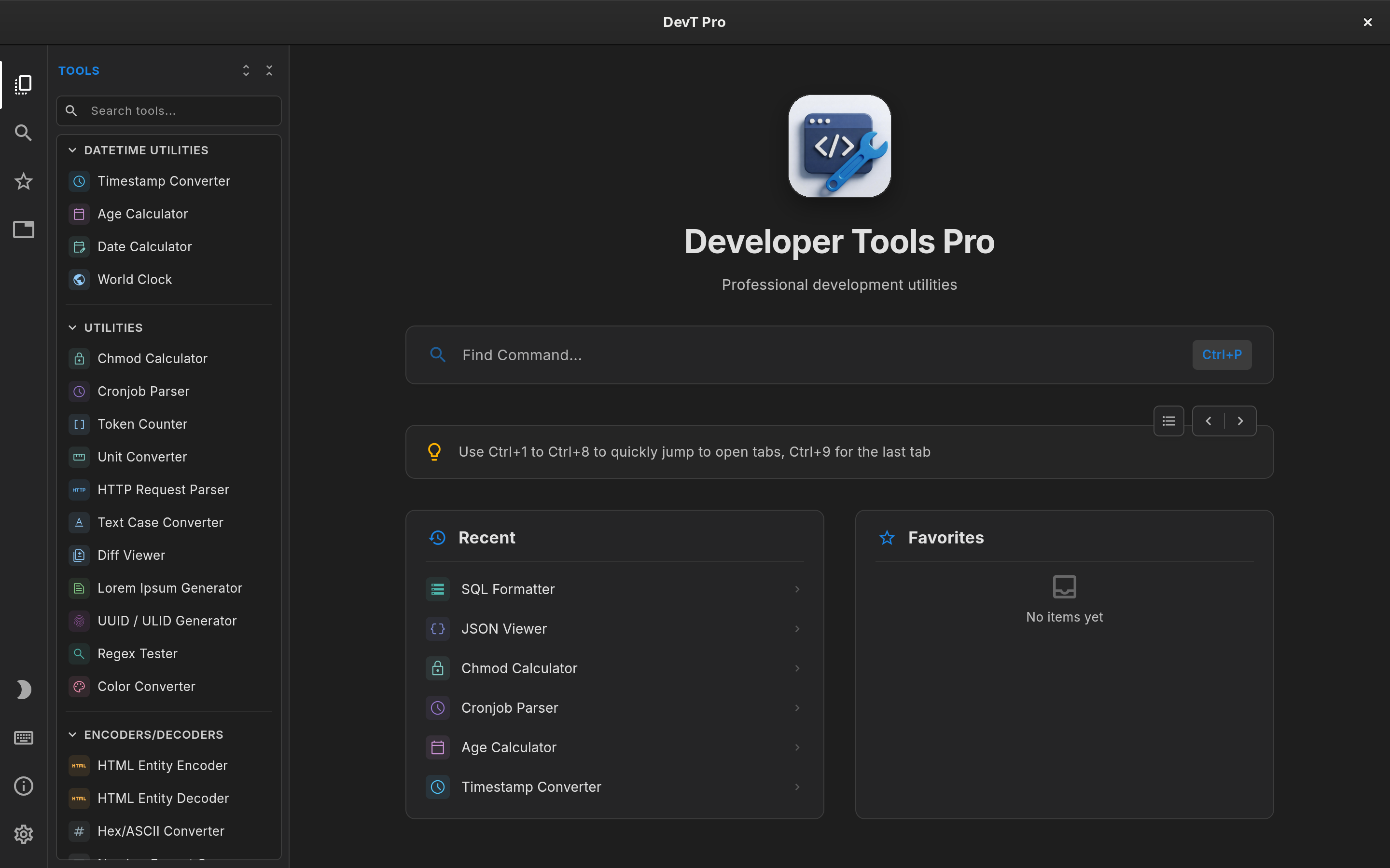 DevT Pro on Linux: tool explorer, tabs and the command palette