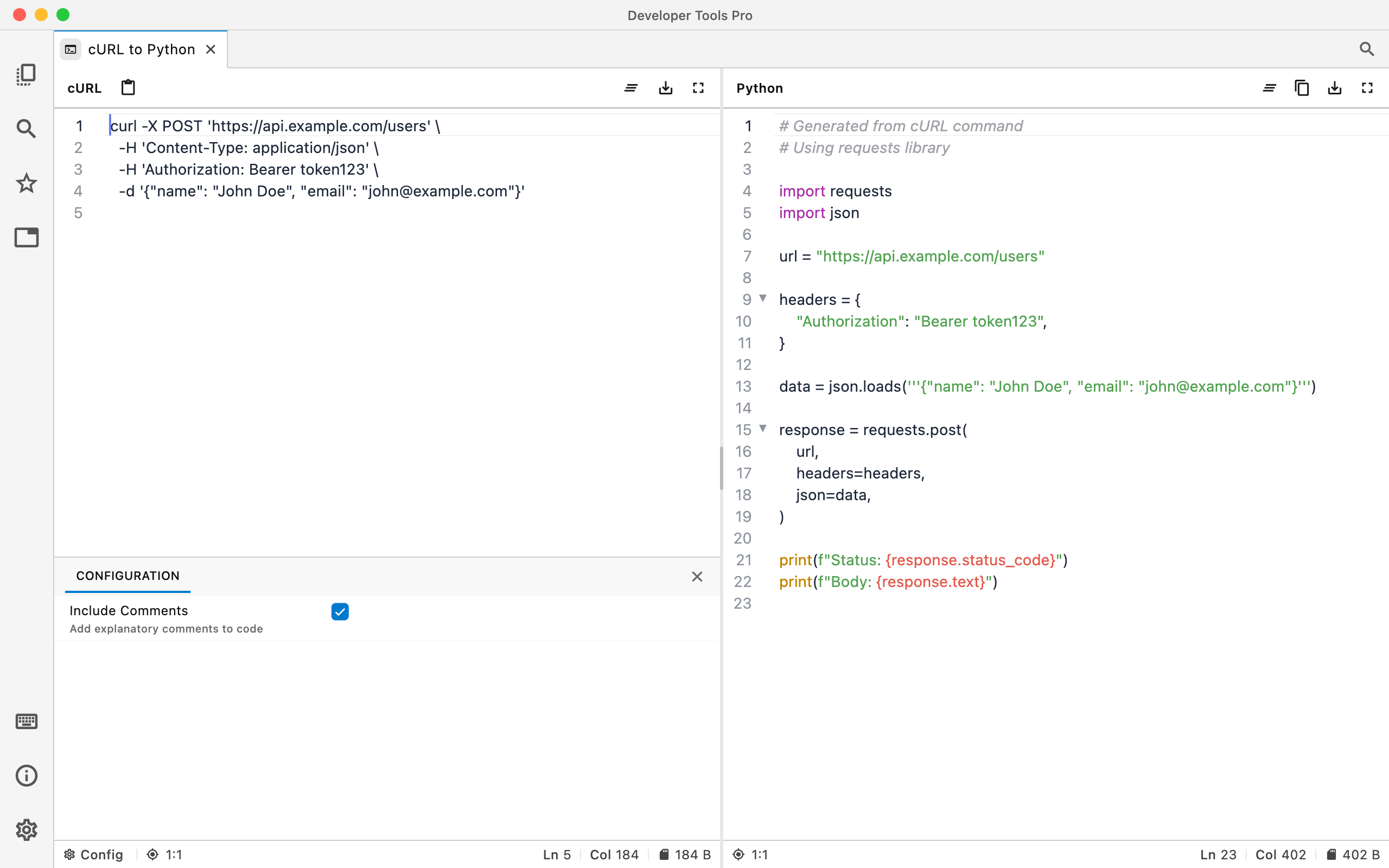 cURL to Python converter in Developer Tools Pro