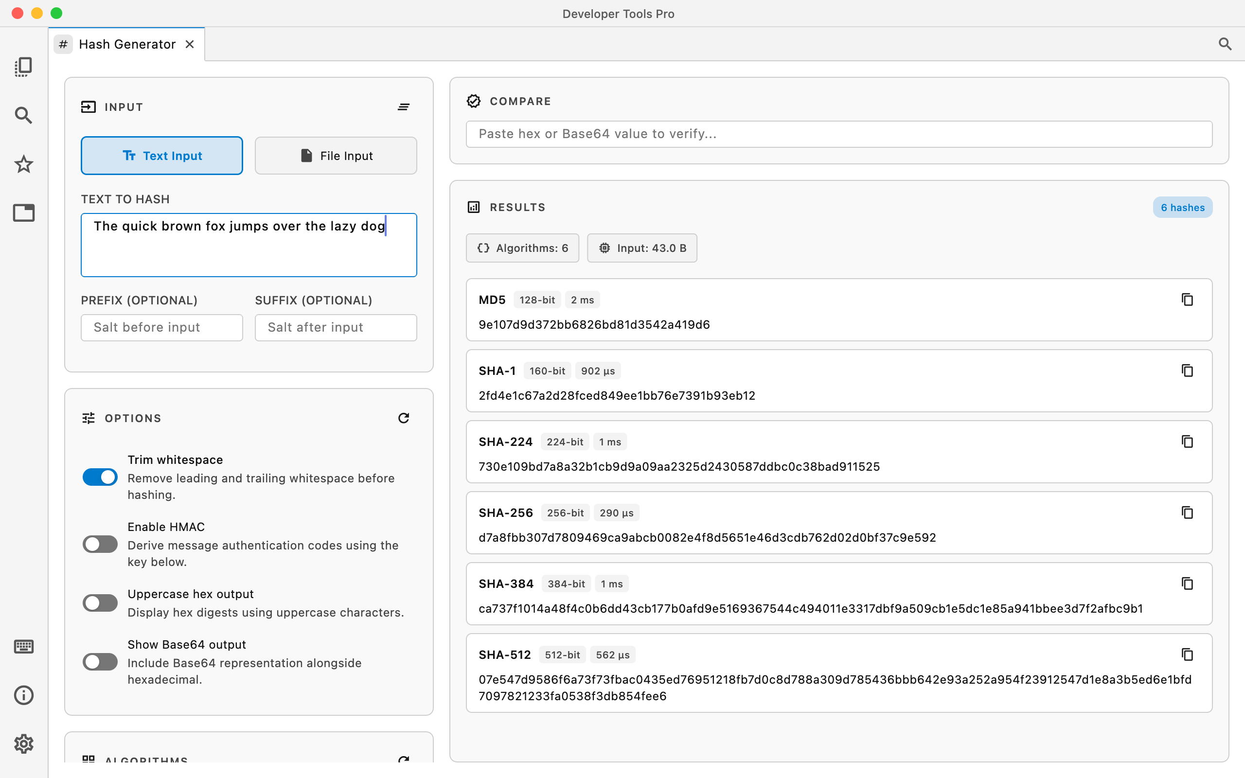 Hash Generator in Developer Tools Pro