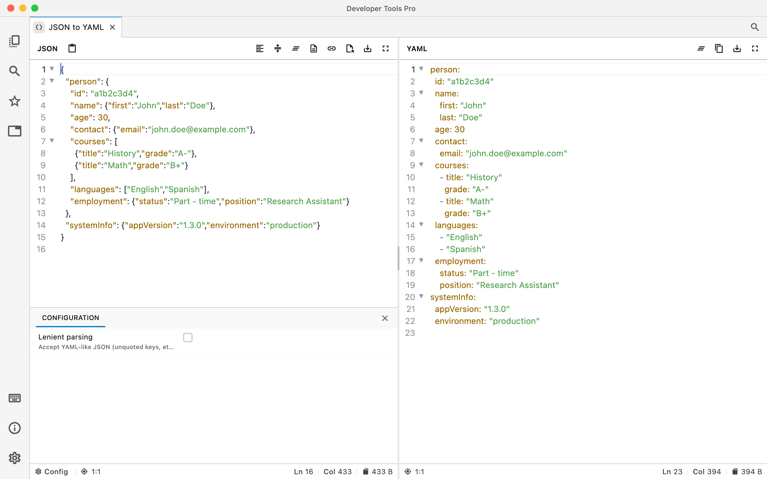 JSON to YAML converter in Developer Tools Pro