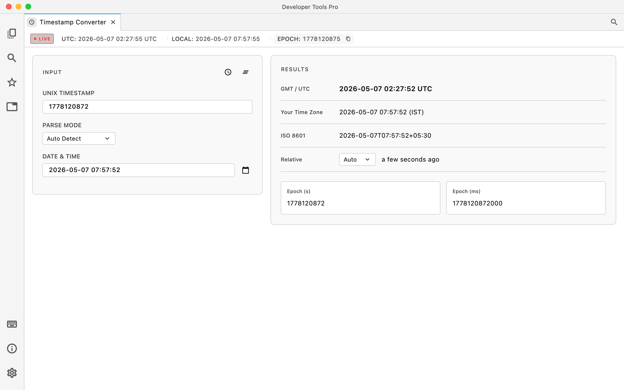 Timestamp Converter in Developer Tools Pro